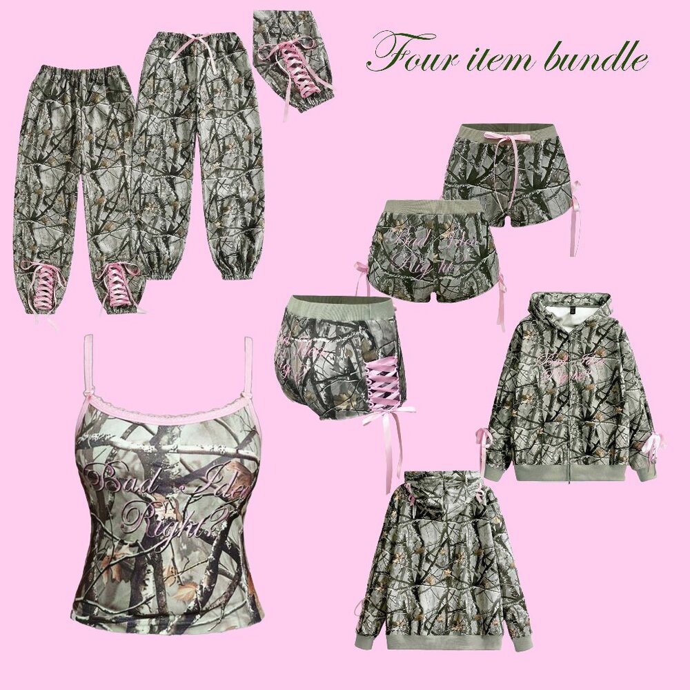 4 ITEMS Pink Embroidery Camo Bad Idea Matching Set Hoodie Shorts Sweats Tank Top